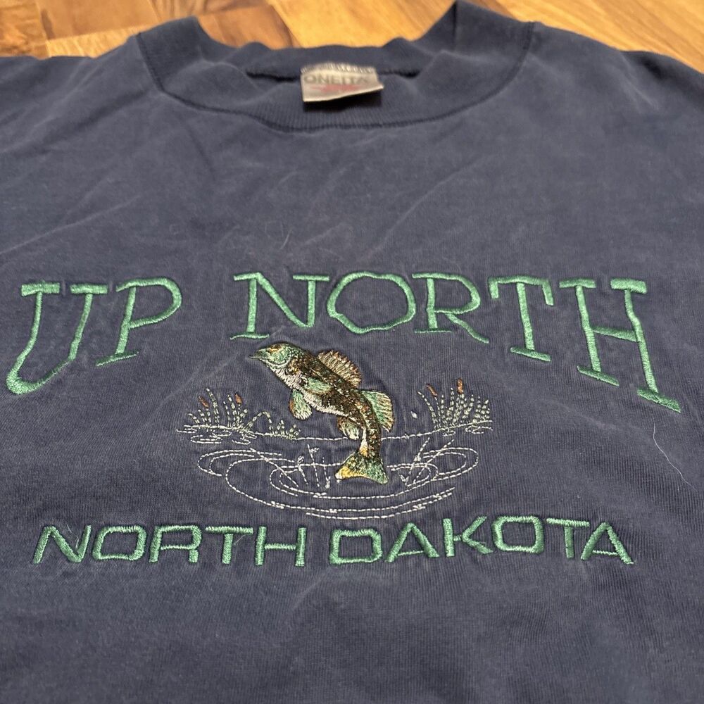Vintage Up North North Dakota Scenic Embroidered Long Sleeve Blue/Green Size XL
